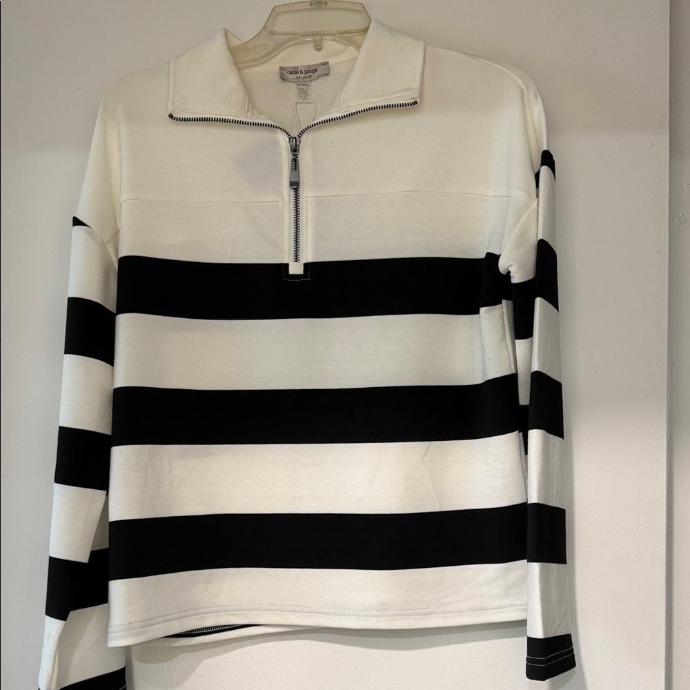 Club Room Black and White Striped Zip-Up Sweater